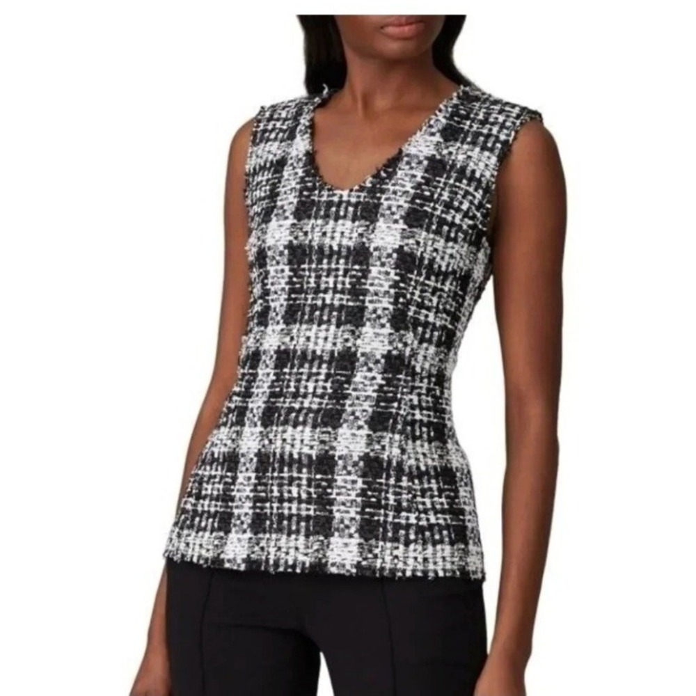 Theory Tweed Sleeveless Top Sz S Black White Textured U Neck Peplum Shell Preppy